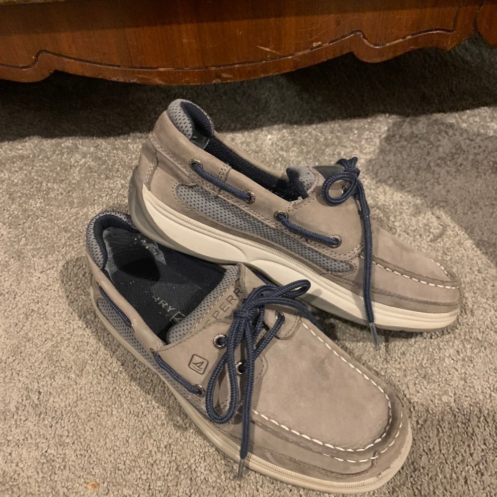 Gray suede, Sperry topsiders in very good condition.
